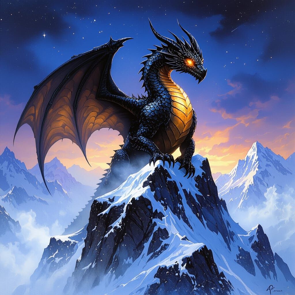 Majestic Dragon on Snow Mountain in Painterly Style