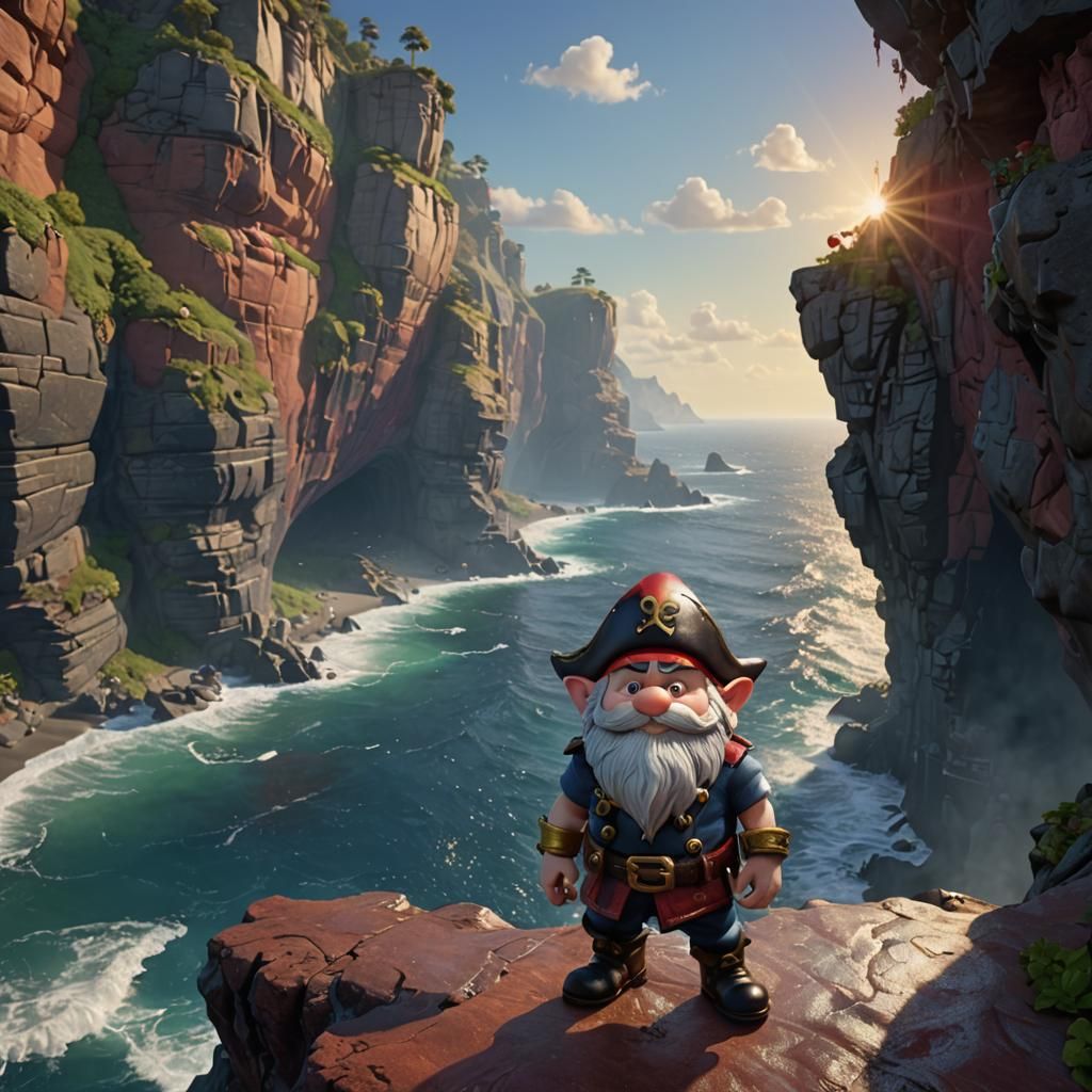 Gnome Pirate on Cliff in Pixar CGI Style