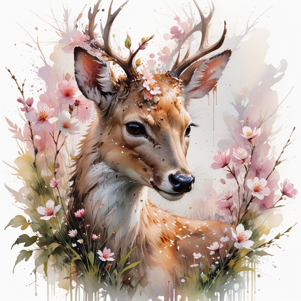 Cherry Blossom Grove with White-Tailed Deer in Soft Watercol...
