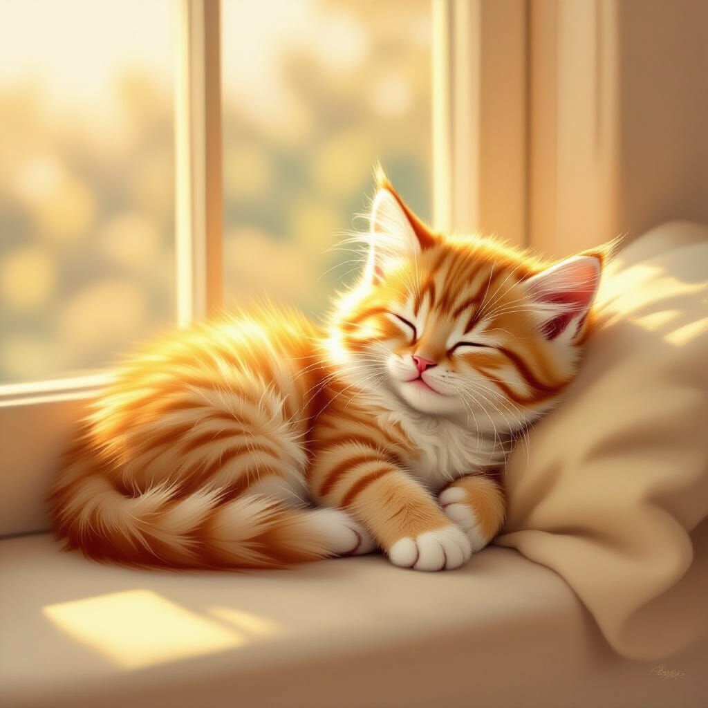 Peaceful Orange Tabby Kitten Sleeping on Windowsill
