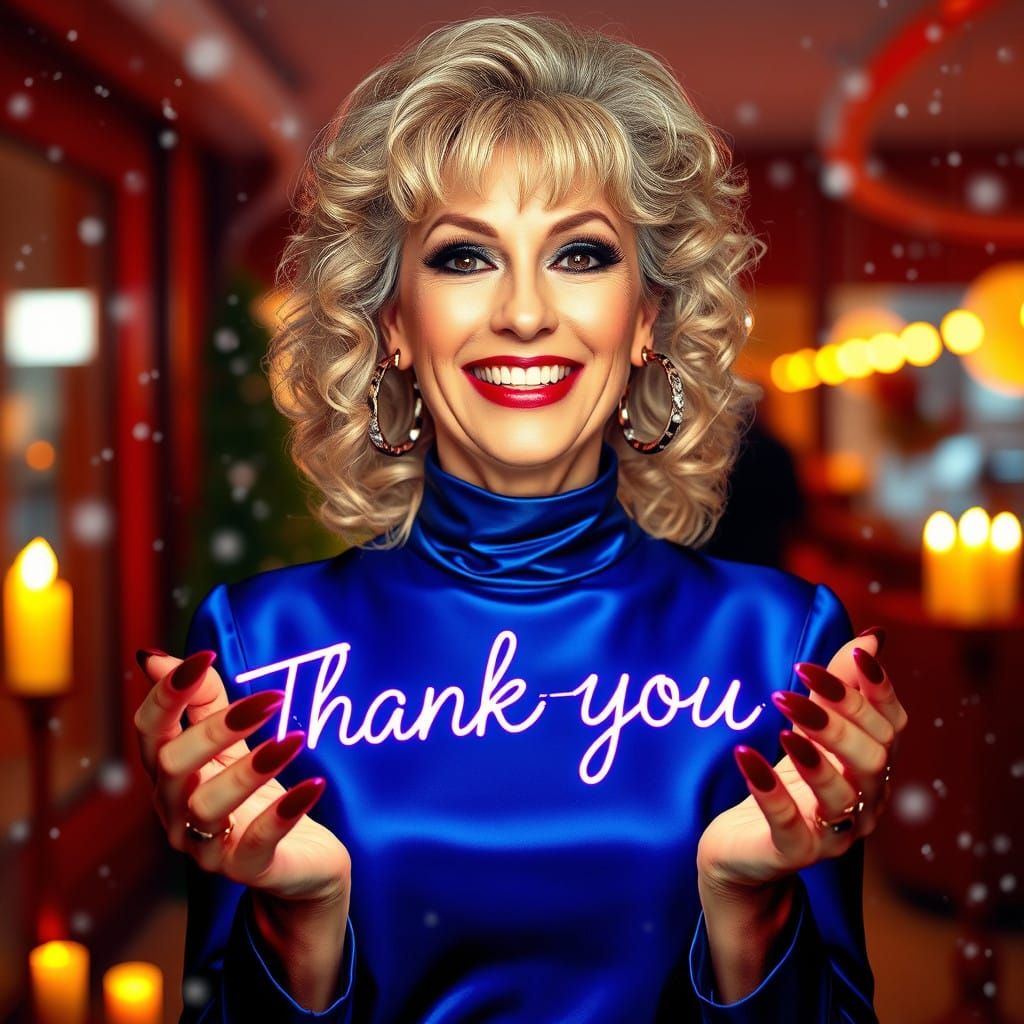 Elegant Woman Radiates Gratitude in a Dreamlike Winter Scene