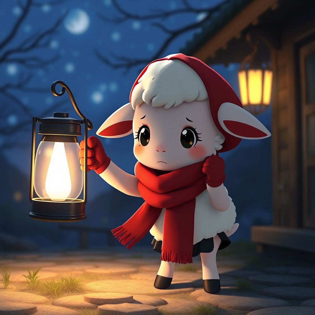 Scared Cartoon Lamb with Lantern in Anime Style