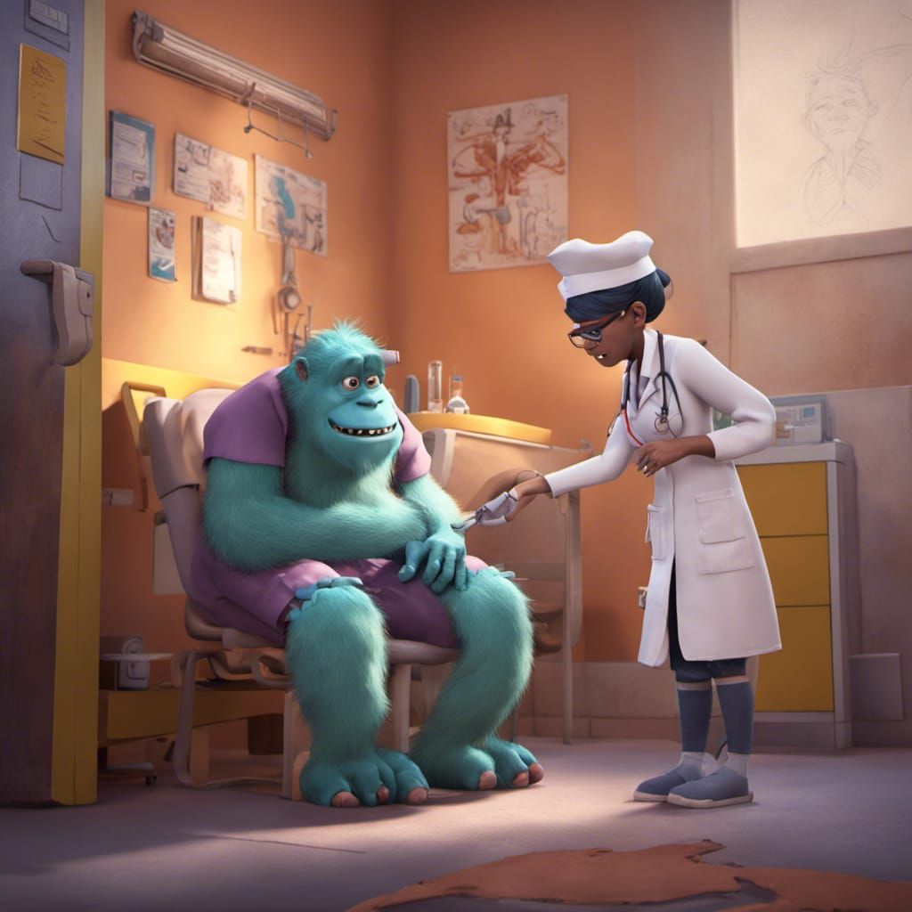 a caring monster nurse tending to a human student's scraped knee in the school infirmary, proving that monsters can be g...