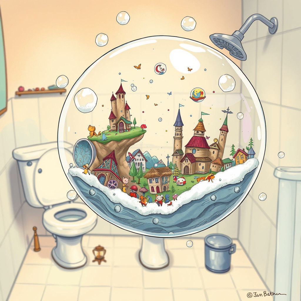 Dreamlike Bathroom Doodle Scene with Soap Bubble Worlds
