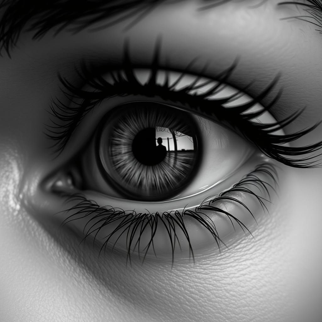 Hyperrealistic Black and White Eye in Ominous Reflection