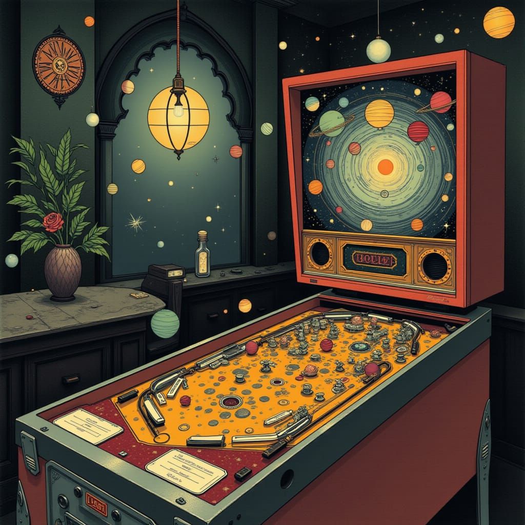 Celestial Pinball Machine in Art Deco Arcade