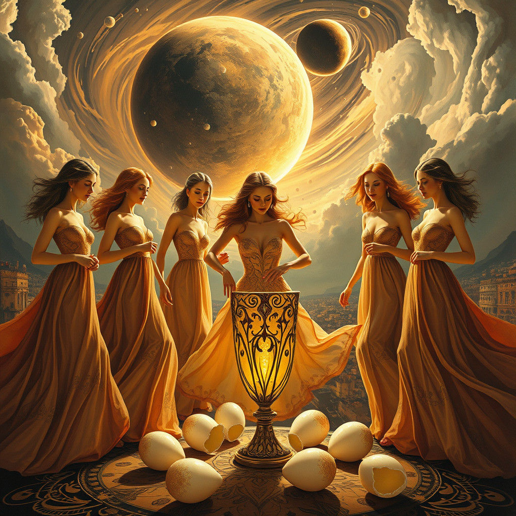 Elegant Women's Dance Amidst Surreal Easter Chaos