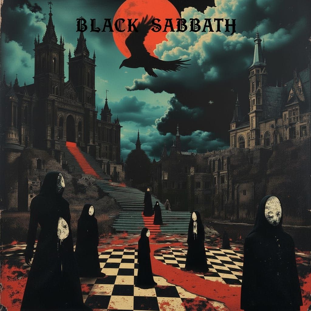 Baroque Labyrinth with Shrouded Beings Under Red Moon