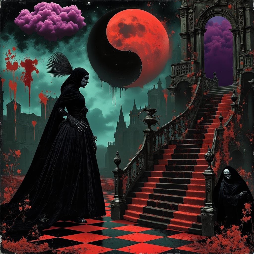 Baroque Labyrinth with Shrouded Beings Under Red Moon