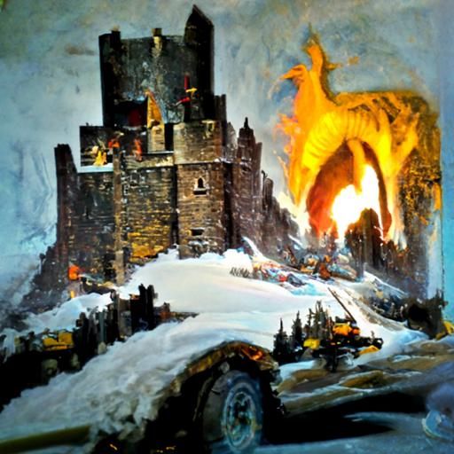 Fiery Dragon Assault on Medieval Castle: Oil Painting