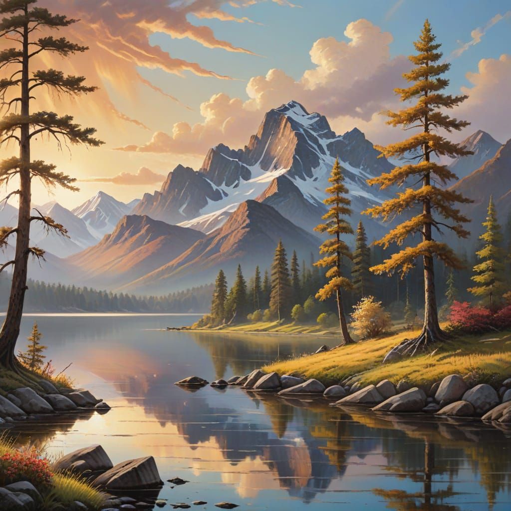 Mountain Lake Landscape in Bob Ross Style