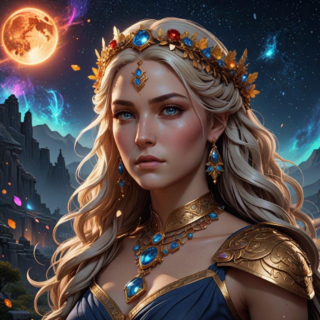 A stunning, very close portrait of Ananke, the Greek Goddess of Destiny.