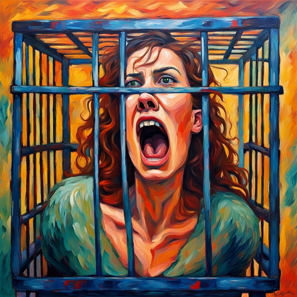 Woman's Despair: Expressionist Oil Painting in Cage