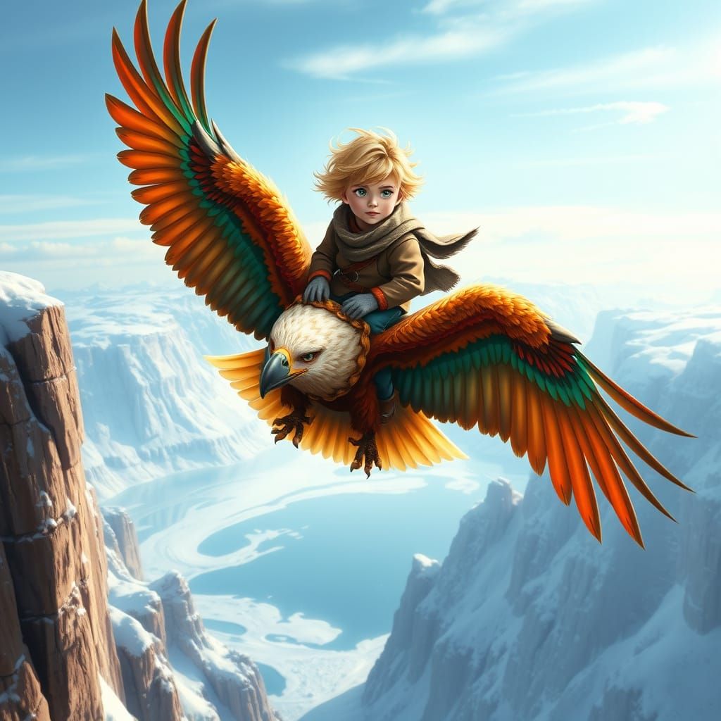 Boy Rides Majestic Two-Headed Eagle in Vibrant Winter Landsc...