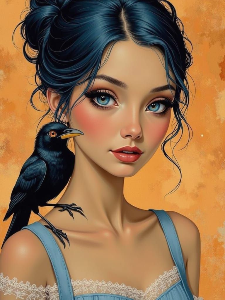 Big-Eyed Woman with Bird in Surrealist Style
