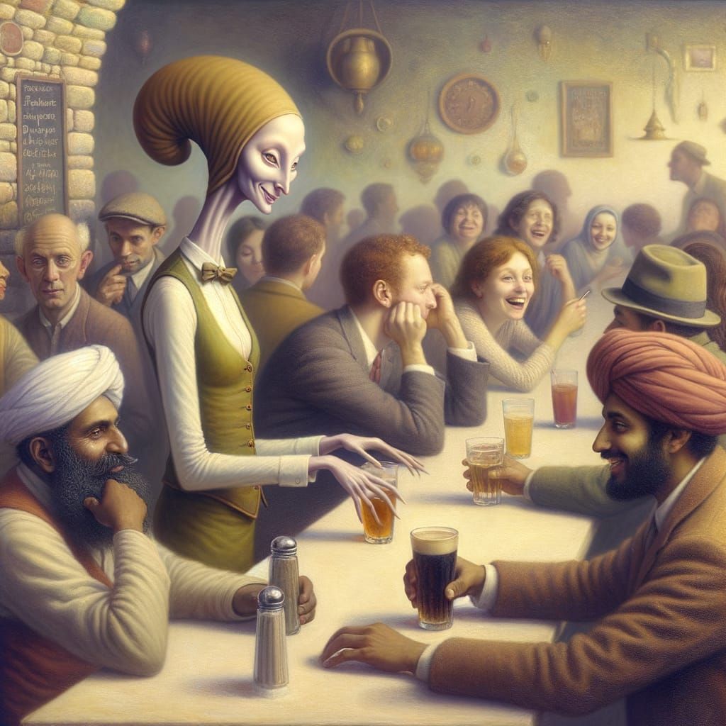 Whimsical Bartender Serving Diverse Patrons in Eerie Pub