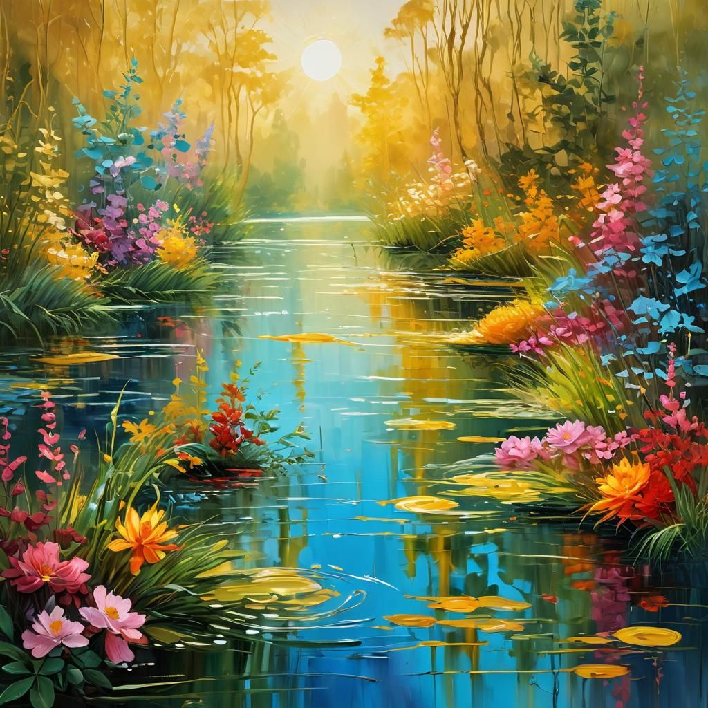 Oriental Summer Landscape as Impasto Oil Painting