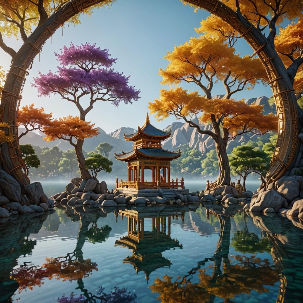 Oriental Temple Sculpture with Gemstone Trees