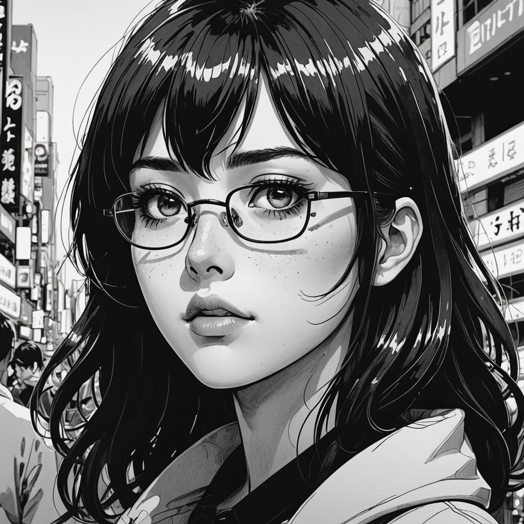 Monochrome Manga Portrait of a Girl with Glasses