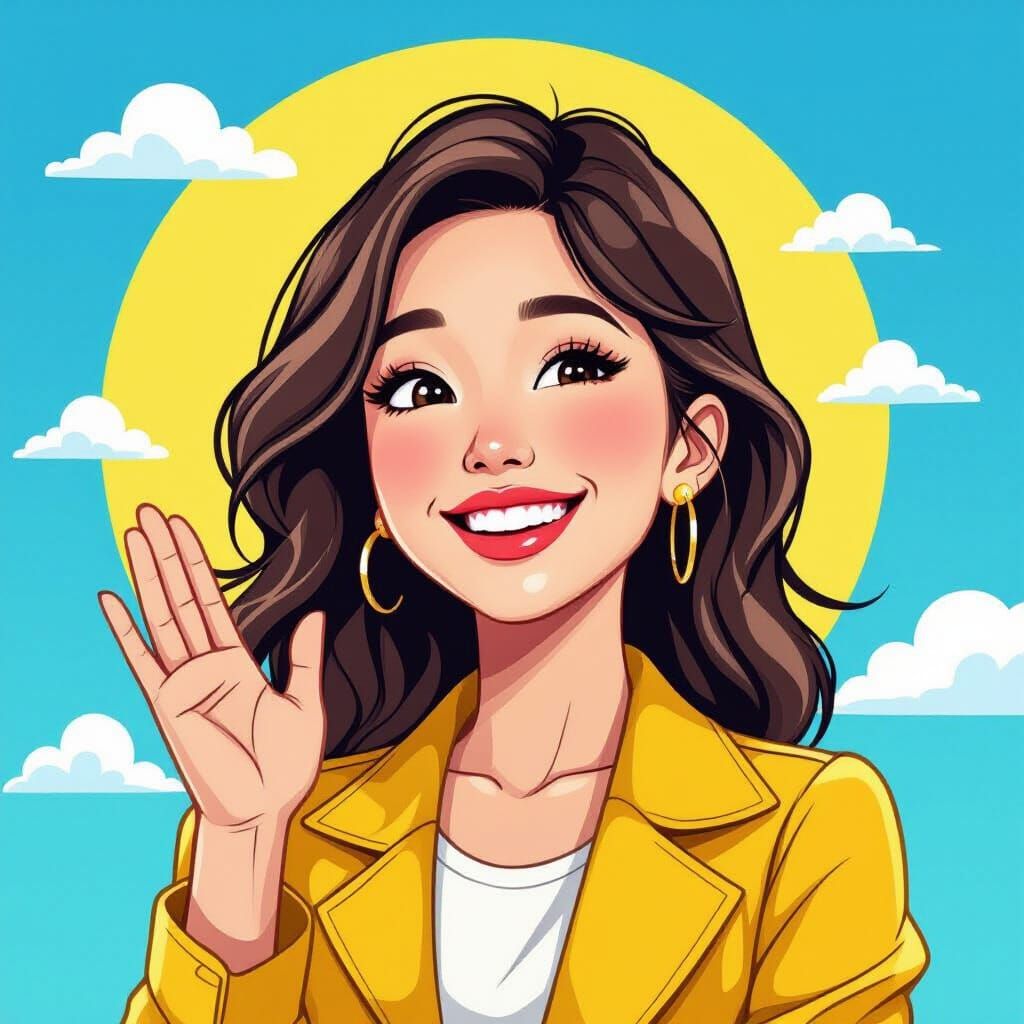 Woman Waving, Emoji Style Portrait