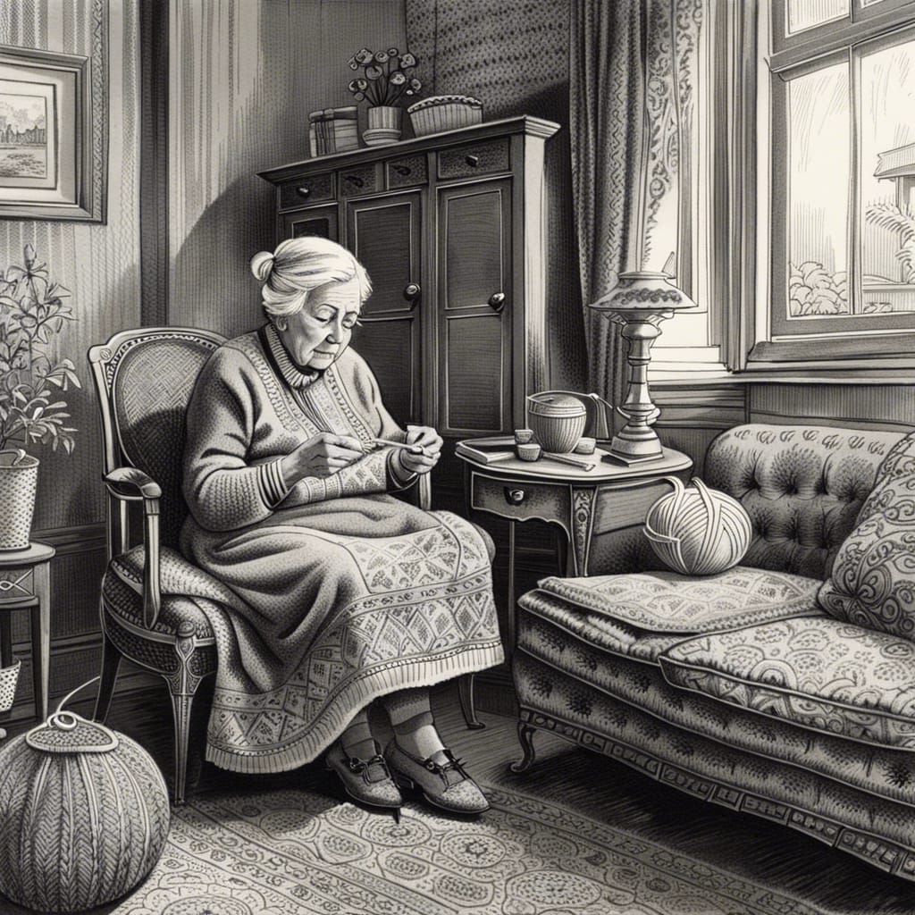 Old Woman Knitting a Sock: Detailed Pencil Sketch