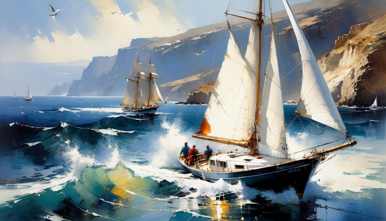 Surreal Greek Isle Scene with Majestic Sailboat
