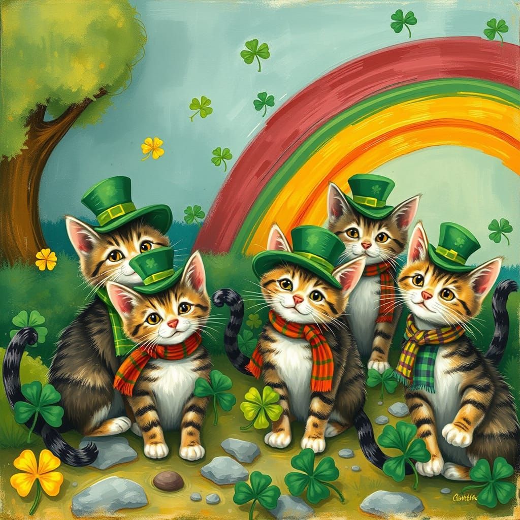Whimsical Tabby Cats Celebrate St. Patrick's Day in Colorful...