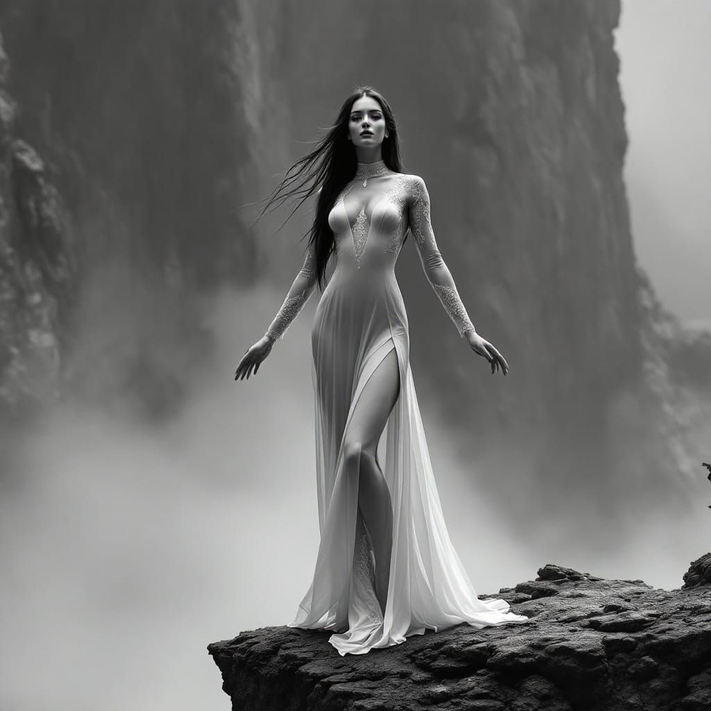 Ethereal Woman on Rocky Cliff in Monochrome