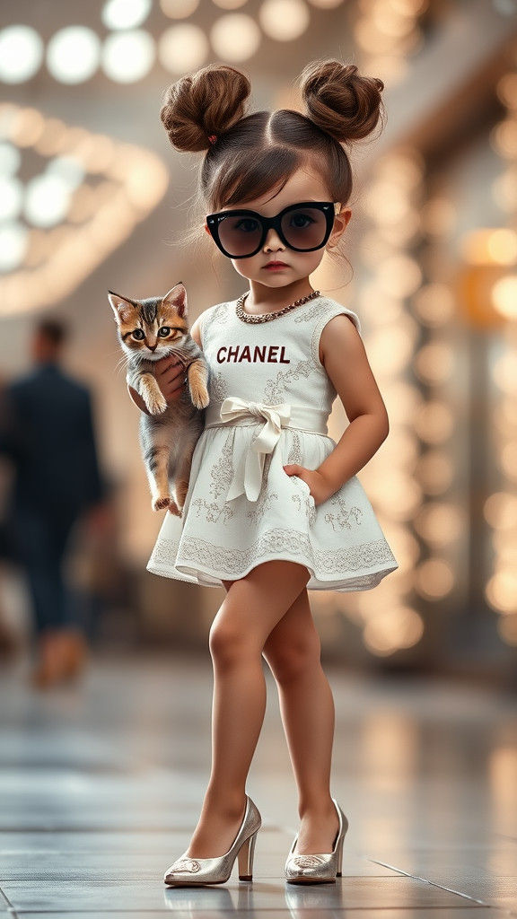 Girl in Chanel Dress Holding Cat: Fashion Photo