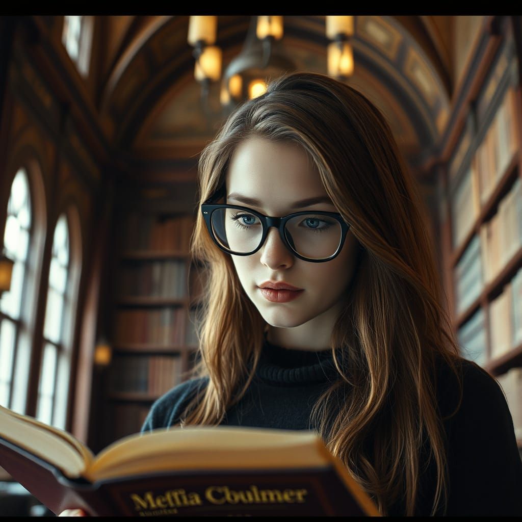 Woman Reading in Grand Library: Cinematic Nostalgia