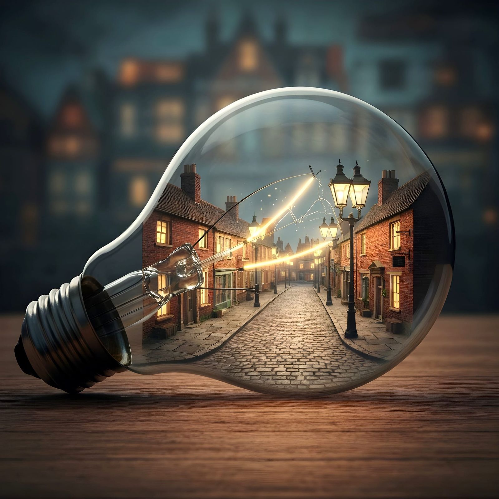 Surreal Light Bulb World: Old English Town Inside