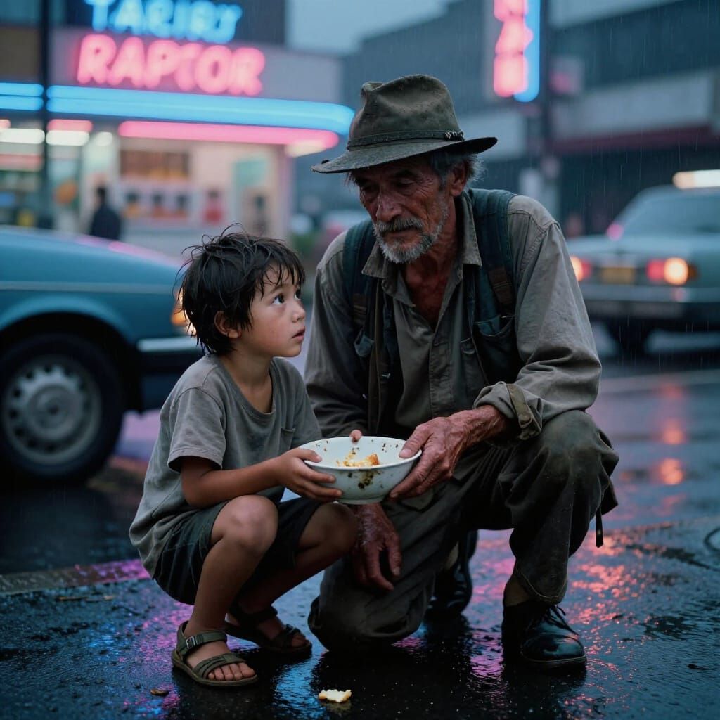 Old Man and Child on Rainy Street Corner