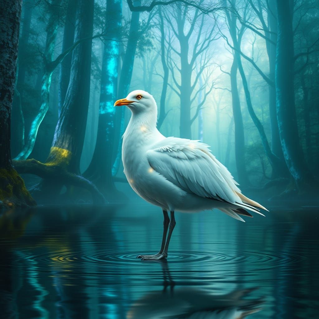 Mystical Seagull in Enchanted Forest River
