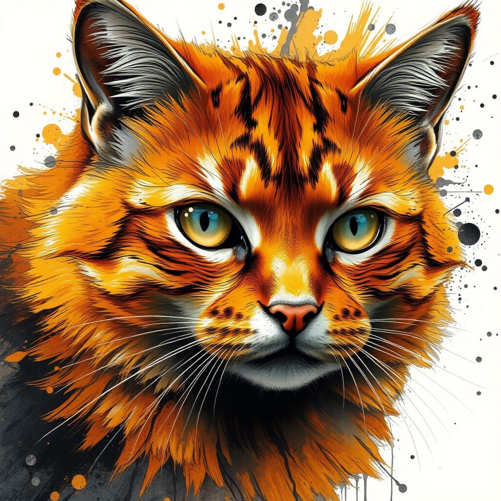 Vibrant Orange Cat in Dynamic Ink Splatter Art