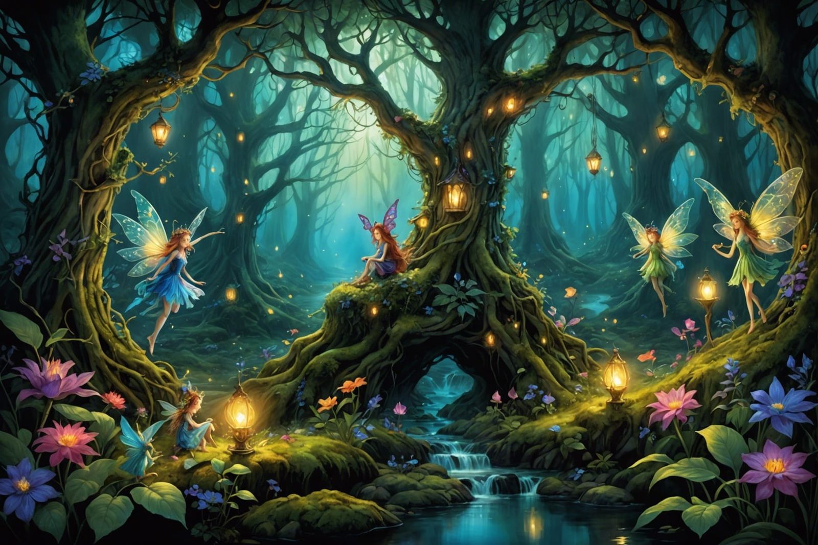 Enchanted Magical Forest with Fairies in Whimsical Style