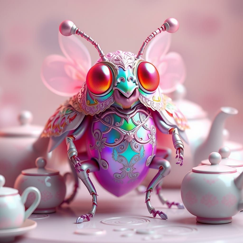 Anime-Inspired Aphid in Iridescent Armor Amidst Pastel Teapo...