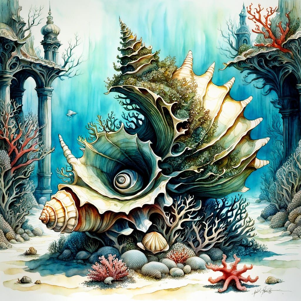 Surreal Coral Conch Illustration with Intricate Details