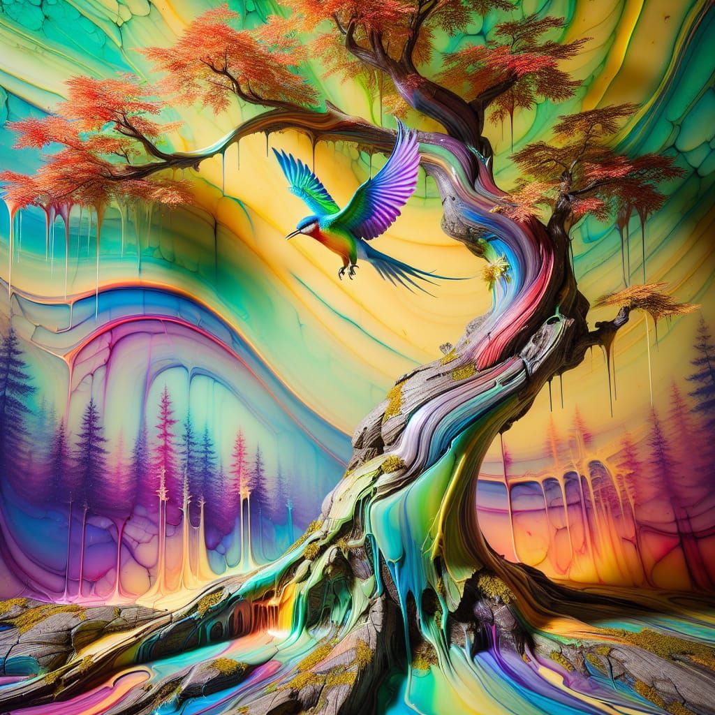 Rainbow Maple Tree with Blue Bird
