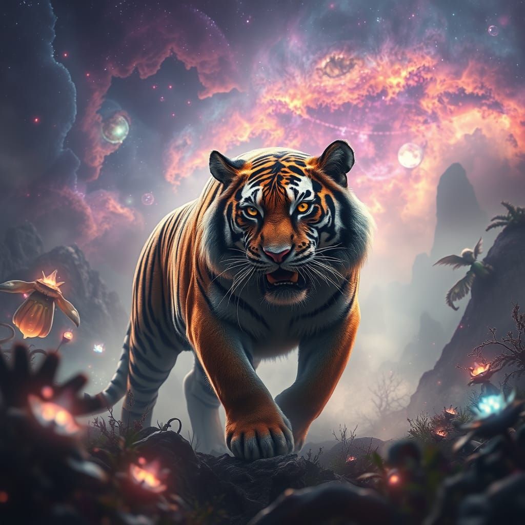 Cosmic Tiger in Alien Jungle Nebula