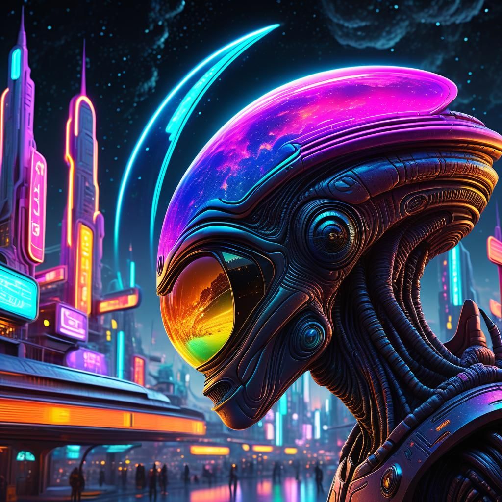 Surreal Alien in Neon Cityscape, 3D Rendering