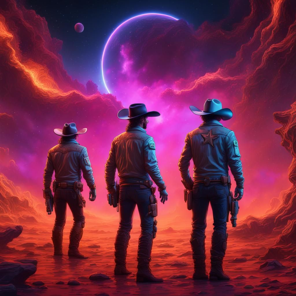 Cowboys in Space with Neon Background