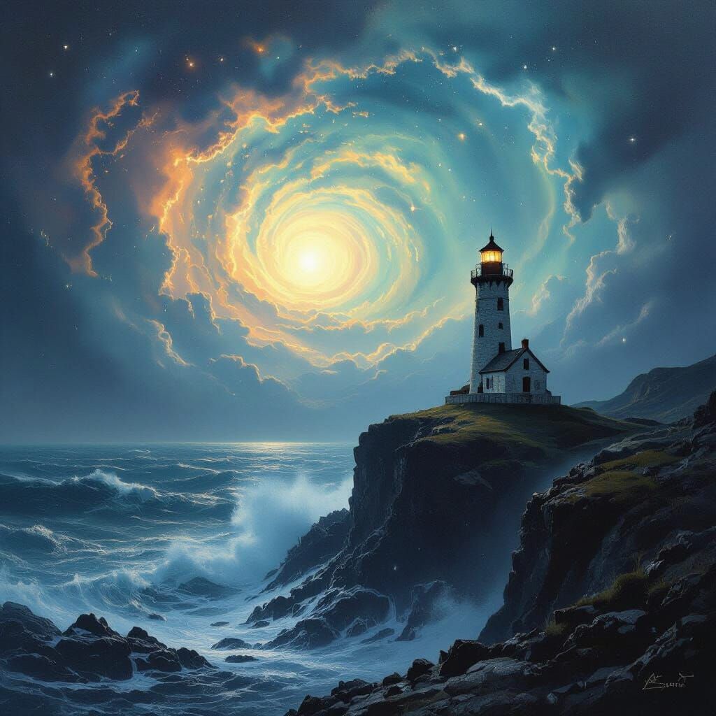 Lighthouse Under Aurora Sky, Turner-esque Painting
