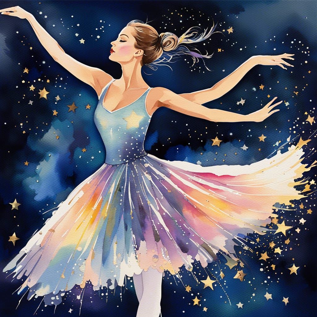 Ballerina Paints the Night Sky: Watercolor Art