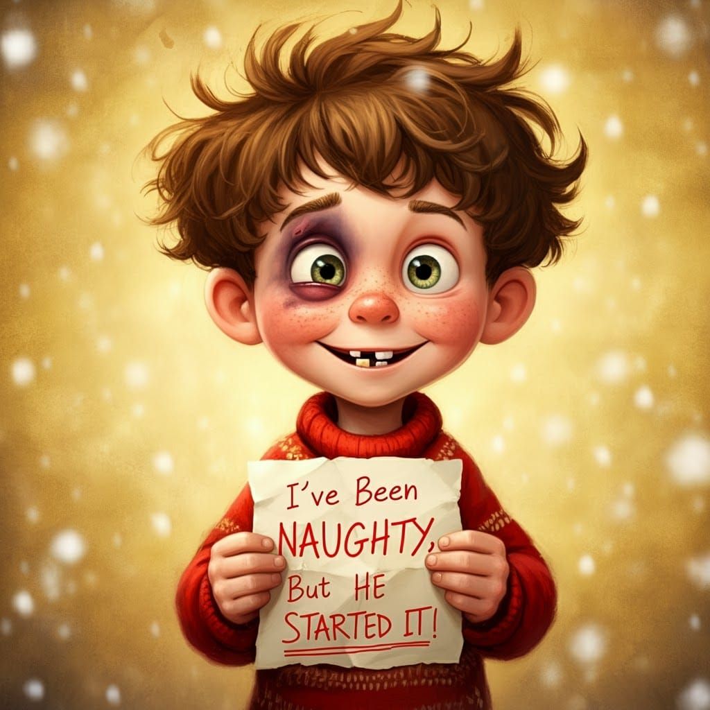 Mischievous Boy Holds Naughty Letter to Santa