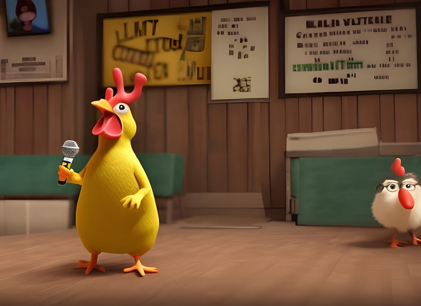 Chicken Comedian Tells Jokes Onstage: 3D Cartoon