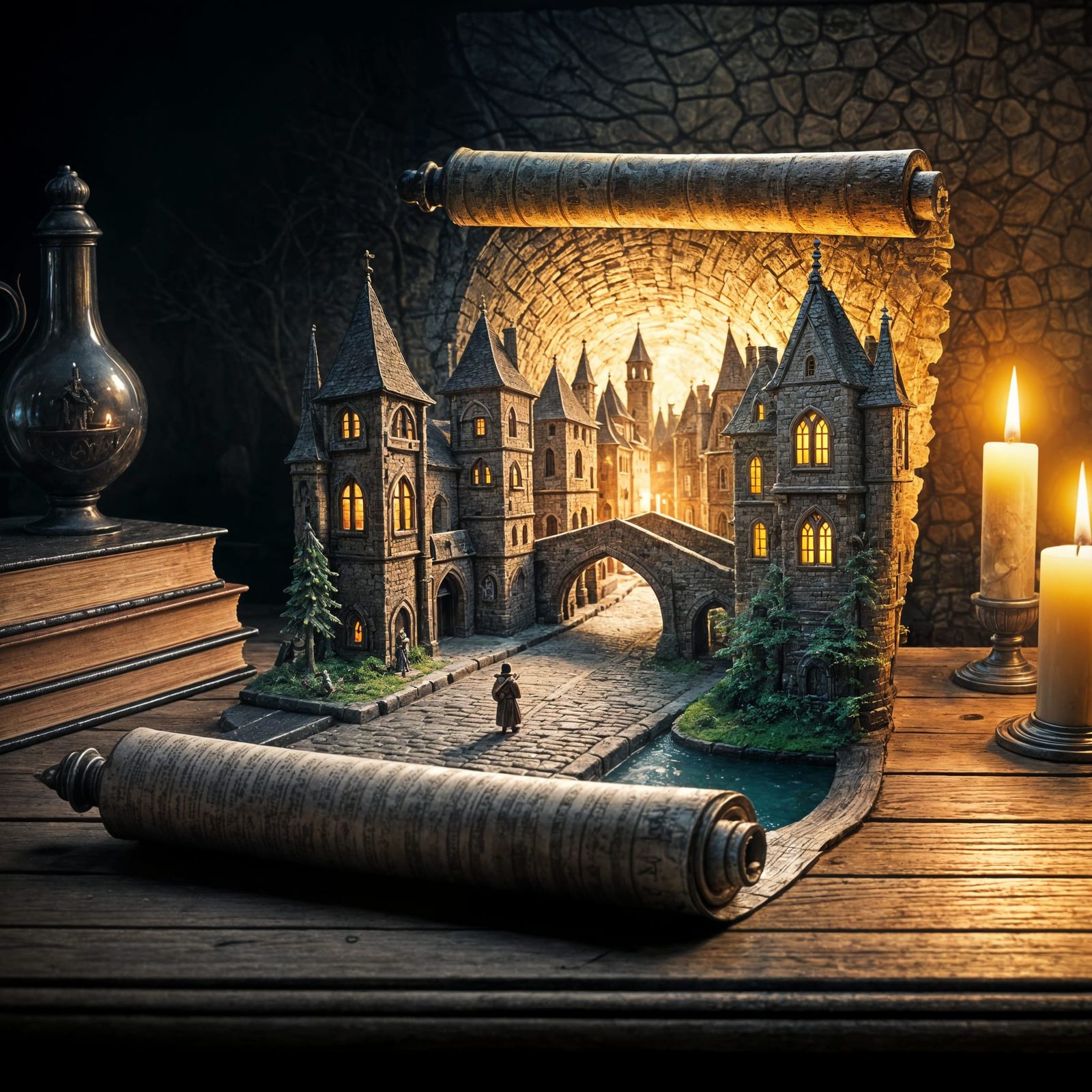 Glowing Medieval Town Emerges From Magical Scroll