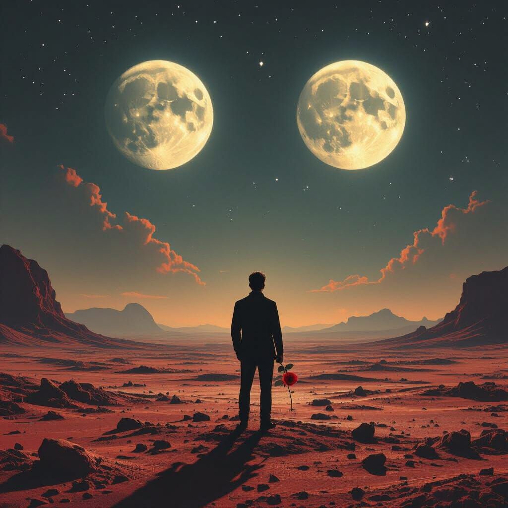 Man with Rose on Alien Planet Under Twin Moons