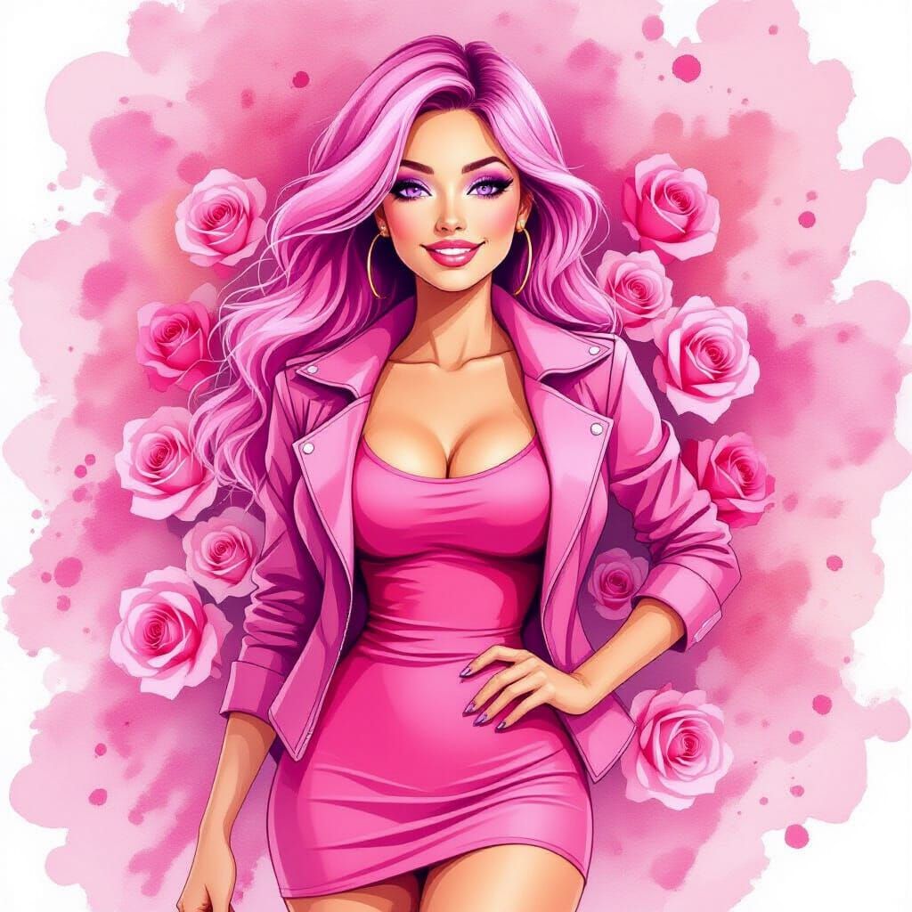 Pink Haired Woman Smiles in Sea of Roses