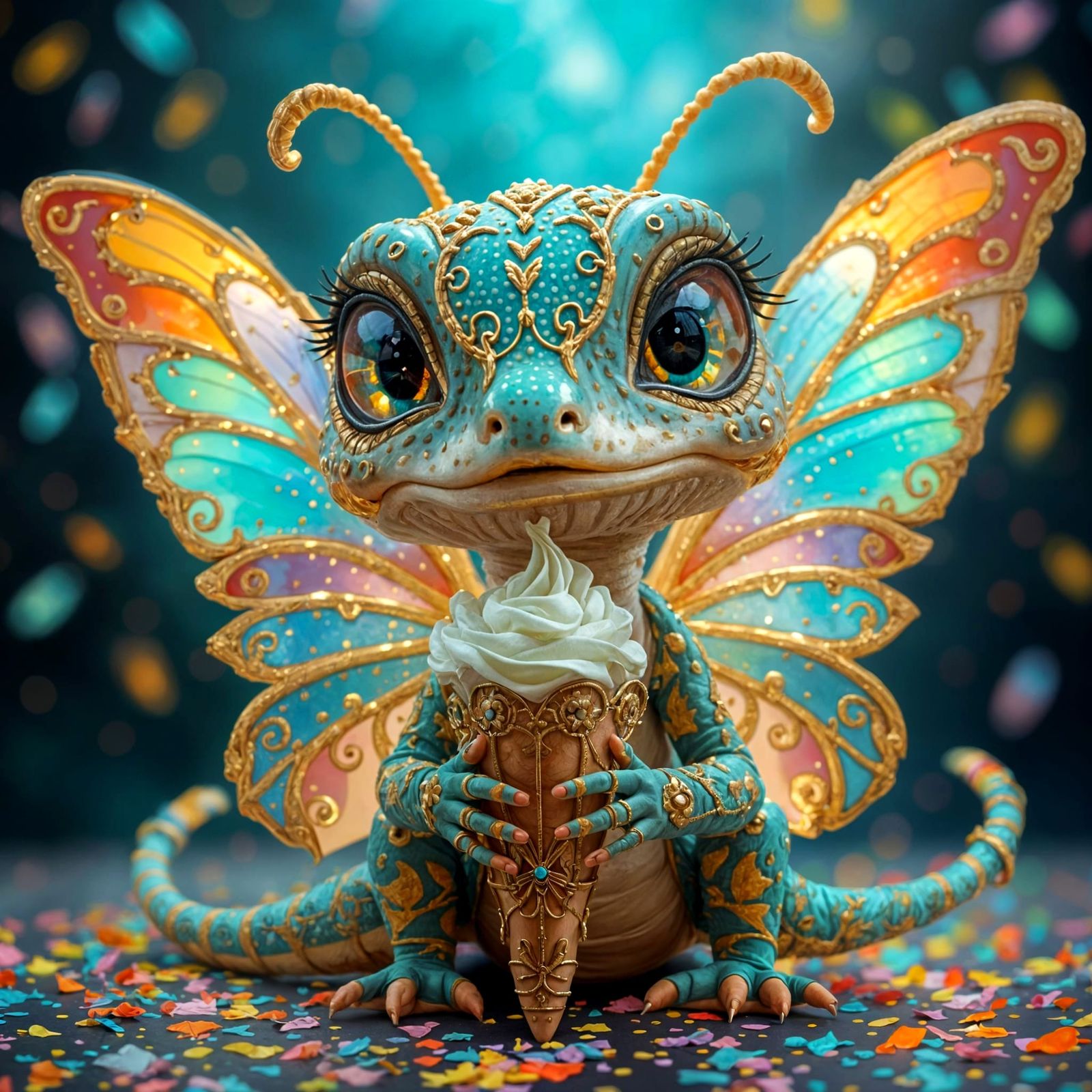 Vibrant Mythical Creature with Rainbow Wings and Metallic Sc...