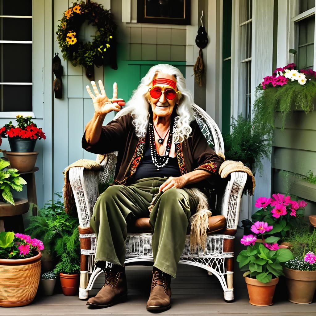 Psychedelic Hippie on Porch, Oil Painting
